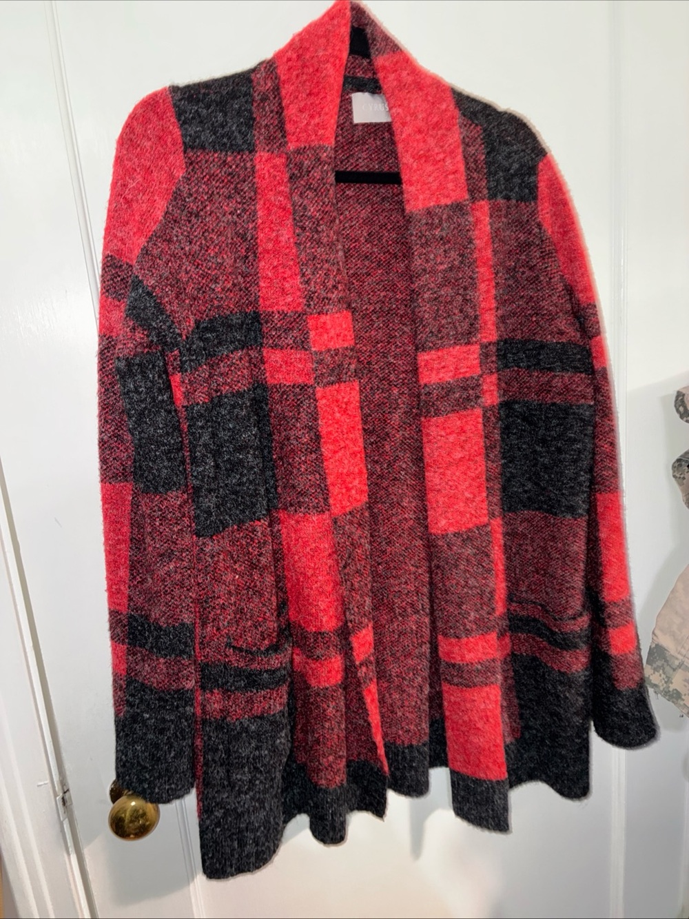 Cyrus Red and Black Plaid Open-Front Cardigan